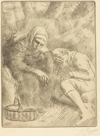 Man and Wife Seated by the Road with a Basket(Homme et femme assis au bord de la rou te aven un panier), by Alphonse Legros, ink, 1874