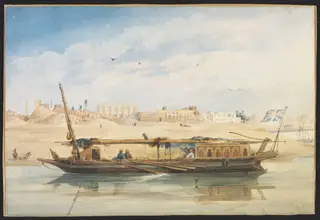 A Kanja on the Nile at Luxor, with the Temple of Luxor behind, by Achille-Constant-Théodore-Emile Prisse d'Avennes, watercolor, 1840