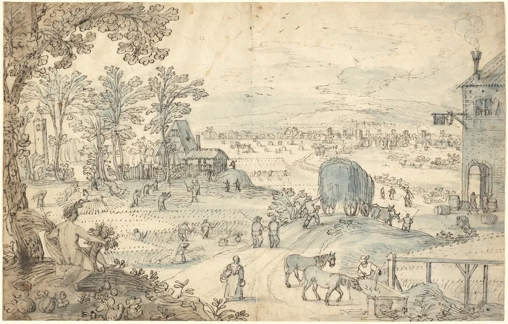 Summer Harvest in an Extensive Landscape, by Lodewyk Toeput, ink, 1590