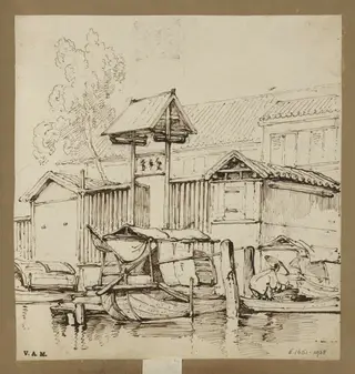 Tanka boats by a gateway at the water's edge, Macau, by George Chinnery, 19