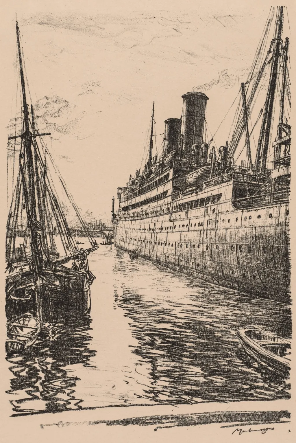 On the Clyde, 1917-1918:  The Tuscania at Glasgow, by Muirhead Bone, 1918