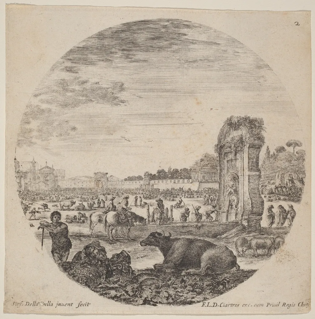 Campo Vaccino, by Stefano Della Bella, ink, 1646