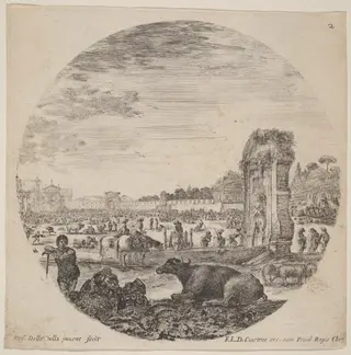 Campo Vaccino, by Stefano Della Bella, ink, 1646