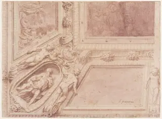 Design for a ceiling with a deep cove, showing a corner only, by Jacopo Bertoia, 1544