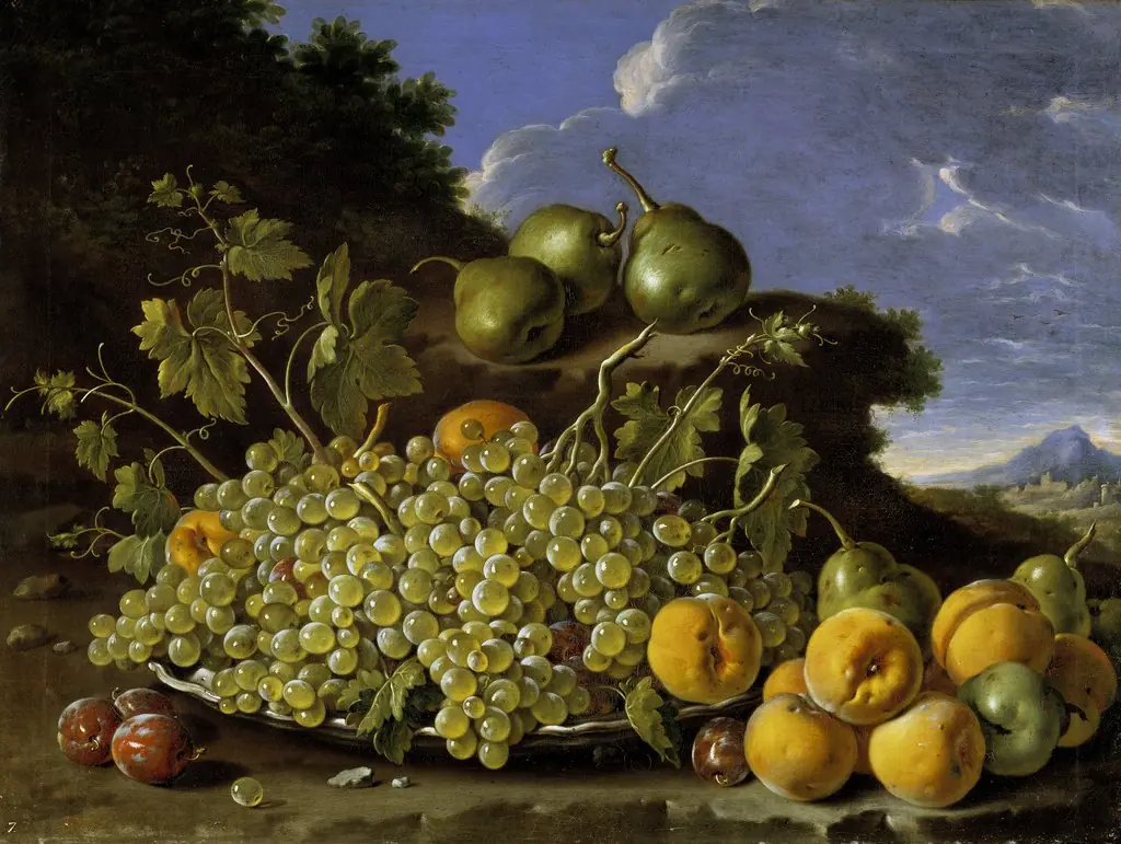 Still Life with Plate of Grapes Peaches Pears and Prunes in a Landscape, by Luis Egidio Meléndez, oil, 1771