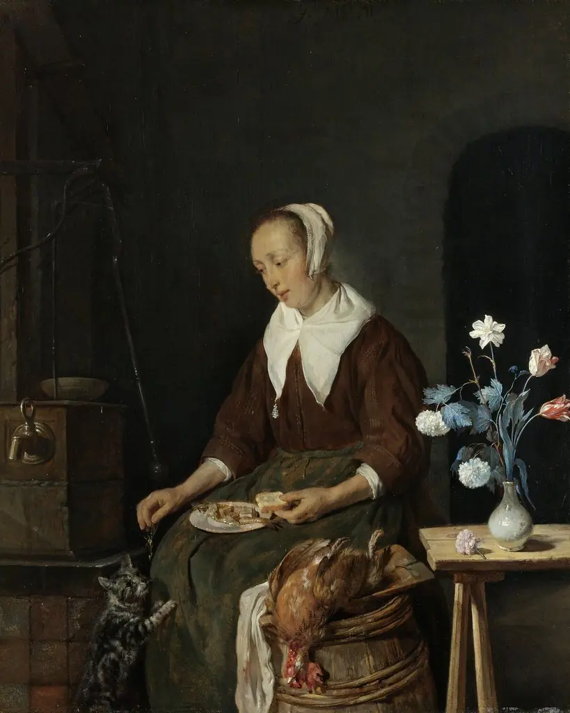 Woman Eating, Known as ‘The Cat’s Breakfast’, by Gabriel Metsu, oil, 1661