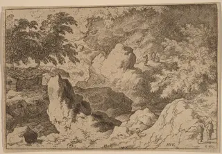 Three Men on a Rock, by Allart van Everdingen, ink, 1650