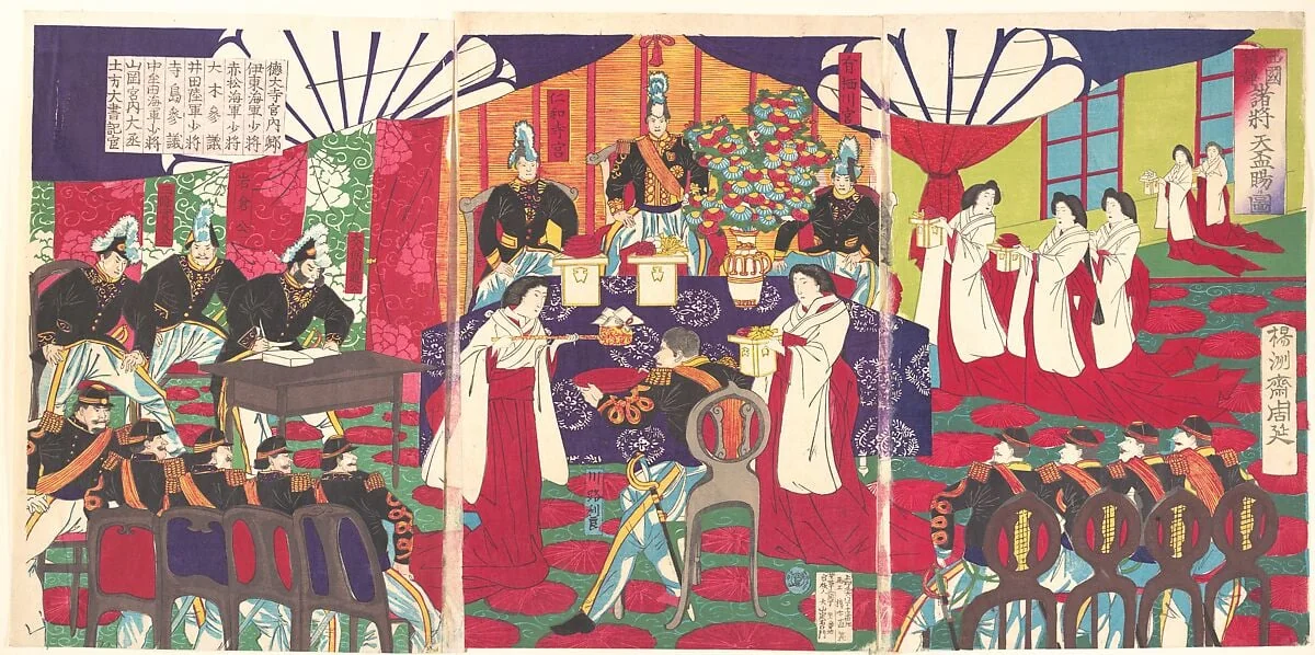 西国諸将鎮静天杯賜ル之図|Illustration of the Commanders who Pacified Western Japan, Receiving the Emperor's Gift Cups (Saigoku chinsei shoshō tenpai o tamawaru no zu), detail