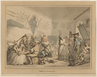 The French Barracks, by Thomas Rowlandson, ink, 1791
