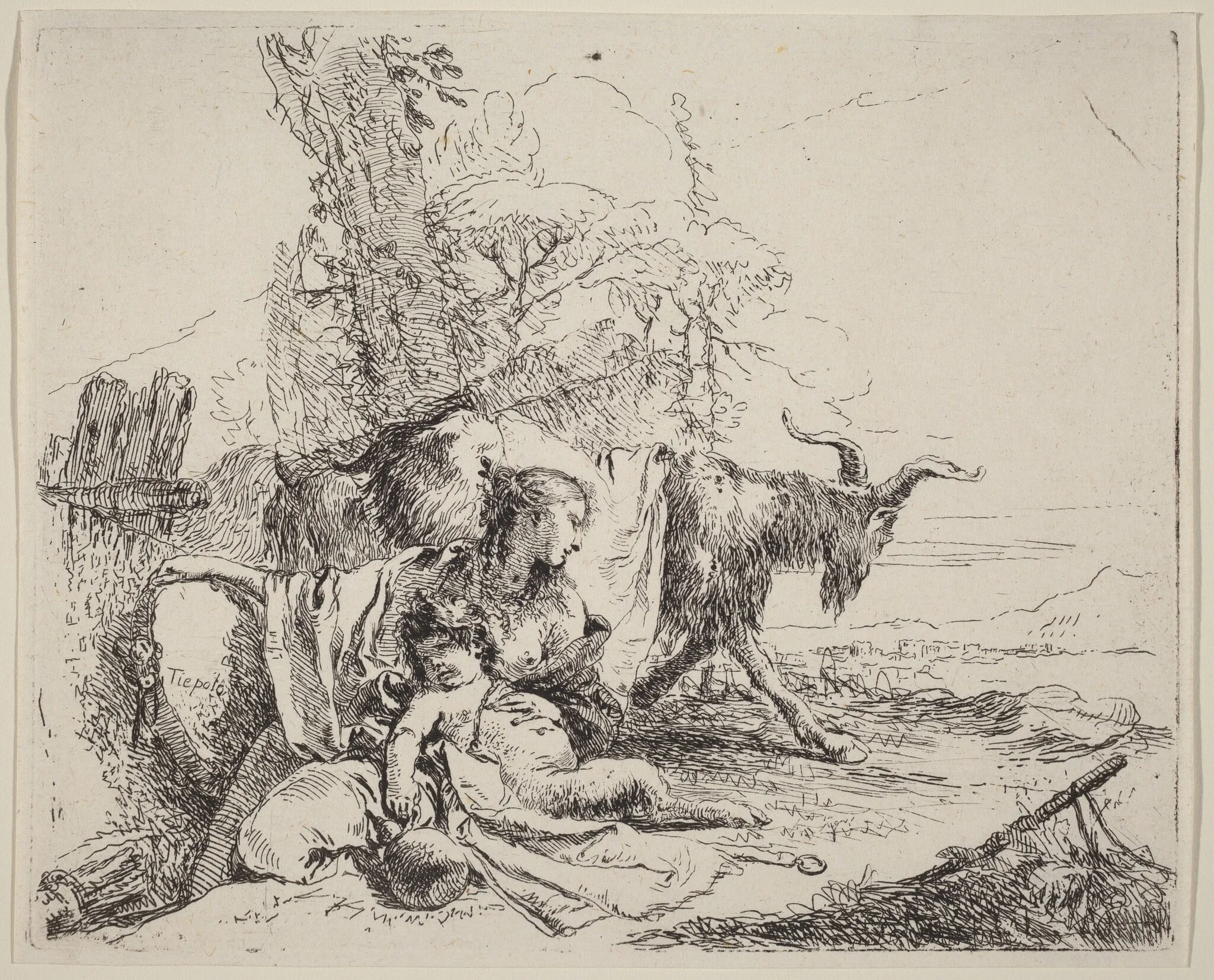 Woman, Satyr Child, and Goat in a Landscape, detail