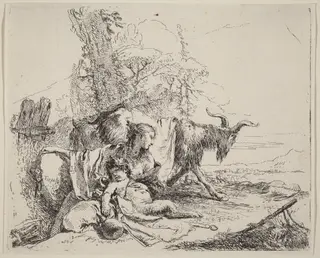 Woman, Satyr Child, and Goat in a Landscape, by Giovanni Battista Tiepolo, ink