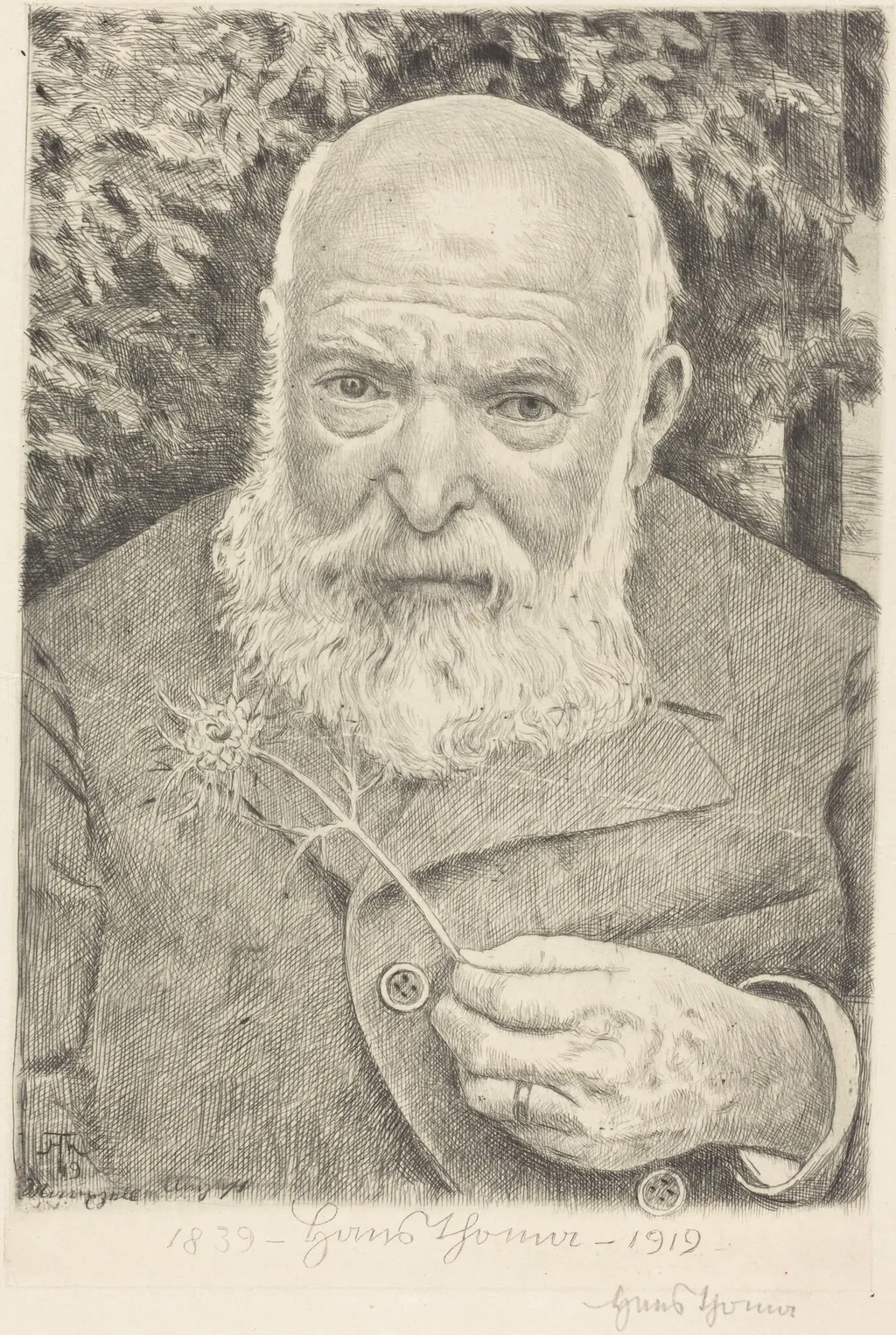 Self-Portrait VI with Flower, by Hans Thoma, ink, 1909
