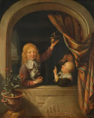 Children with a mousetrap, by Domenicus van Tol, unspecified, 1668