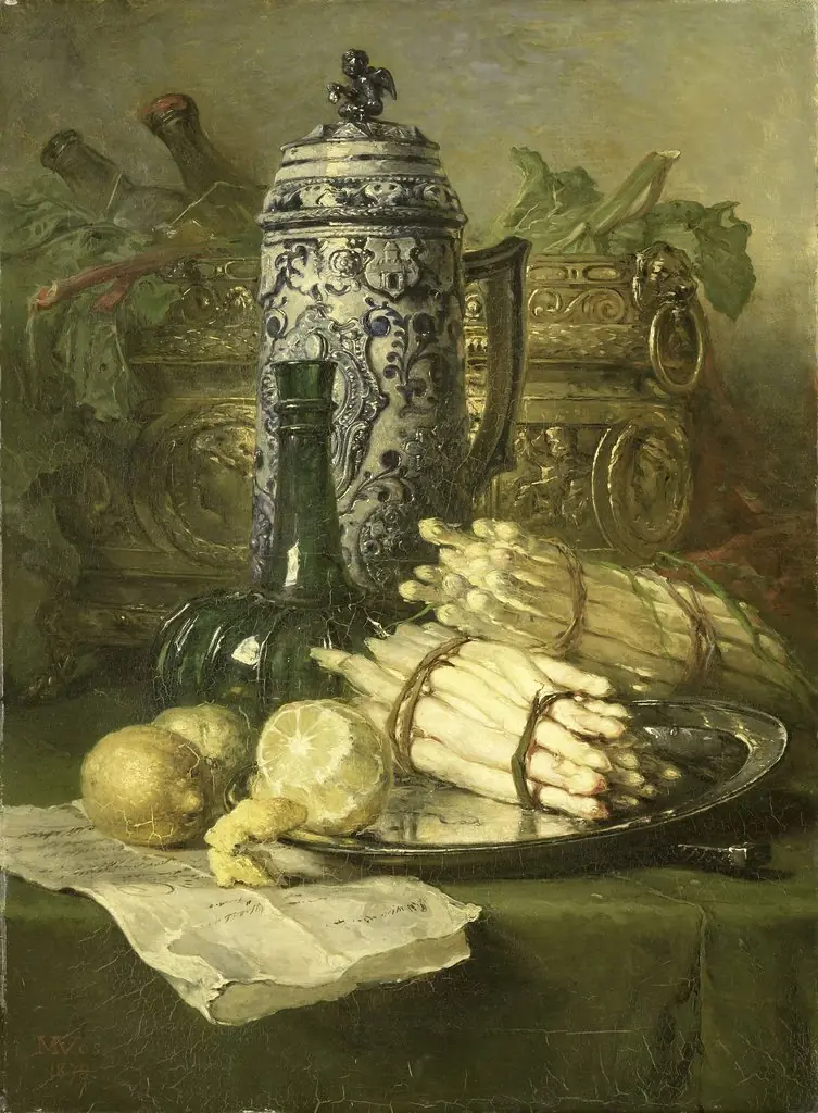 Still-life with Asparagus, Lemon, Covered Beaker, and Wine Cooler, by Maria Vos, oil, 1890