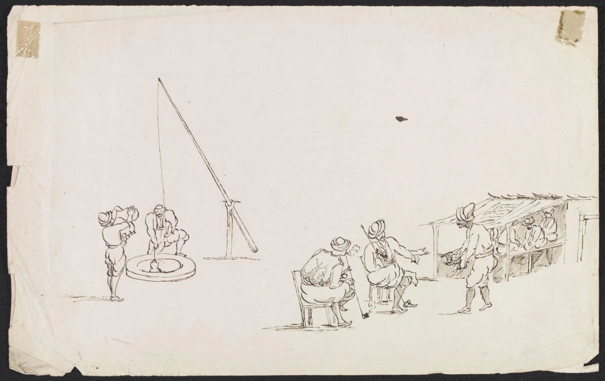 Wayside café, with men drawing water from a well, and others seated, smoking, being served with coffee, detail
