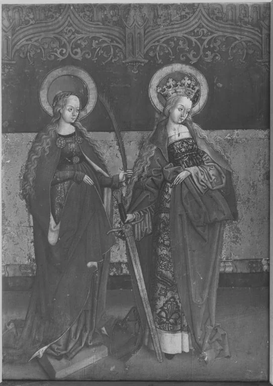 Flügel eines Kreuzaltares, Außenseite: Die hll. Katharina und Barbara, detail