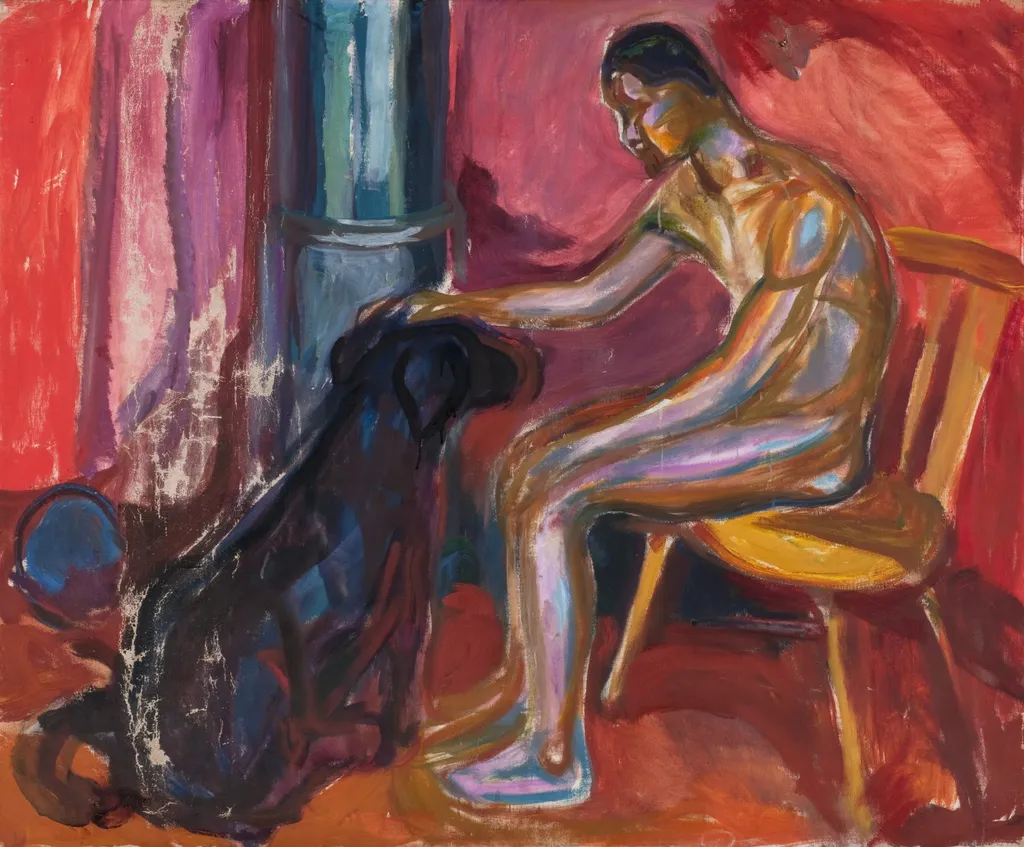 Seated Naked Man with Dog, by Edvard Munch, oil, 1916