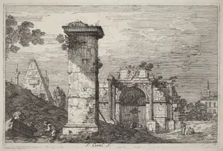 Landscape with Ruined Monuments, by Canaletto, ink, 1740