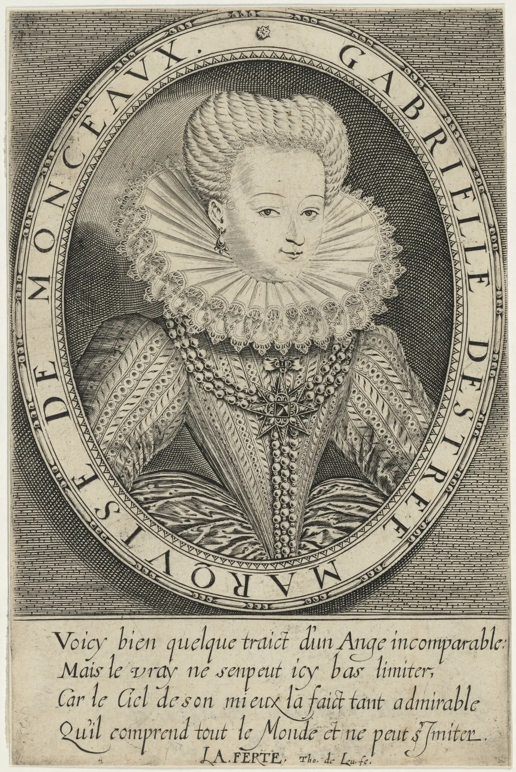 Gabrielle D'Estrees, Marquise de Monceaux, by Thomas de Leu, ink, 1590