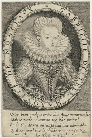 Gabrielle D'Estrees, Marquise de Monceaux, by Thomas de Leu, ink, 1590