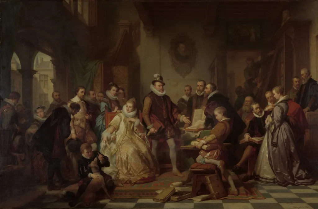 The Archdukes Albert and Isabella Visit the Printer Plantin, by Nicaise De Keyser, oil, 1860