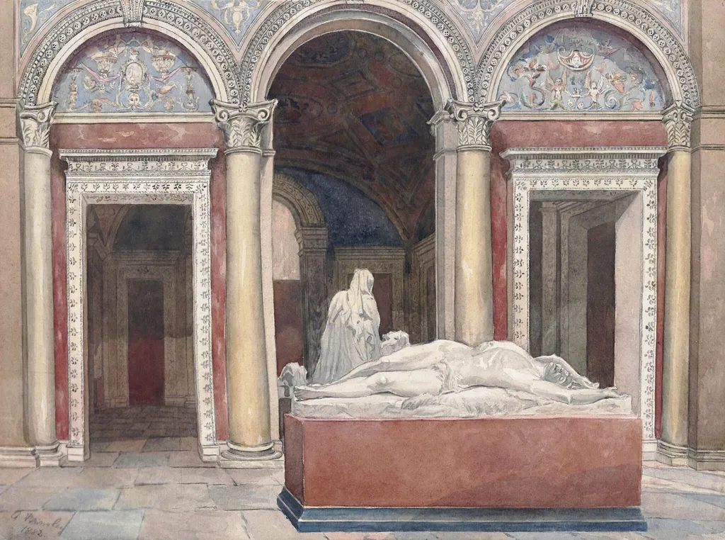 Interior of Crystal Palace, Italian vestibule, by Alice Brinsley, watercolor, 1882