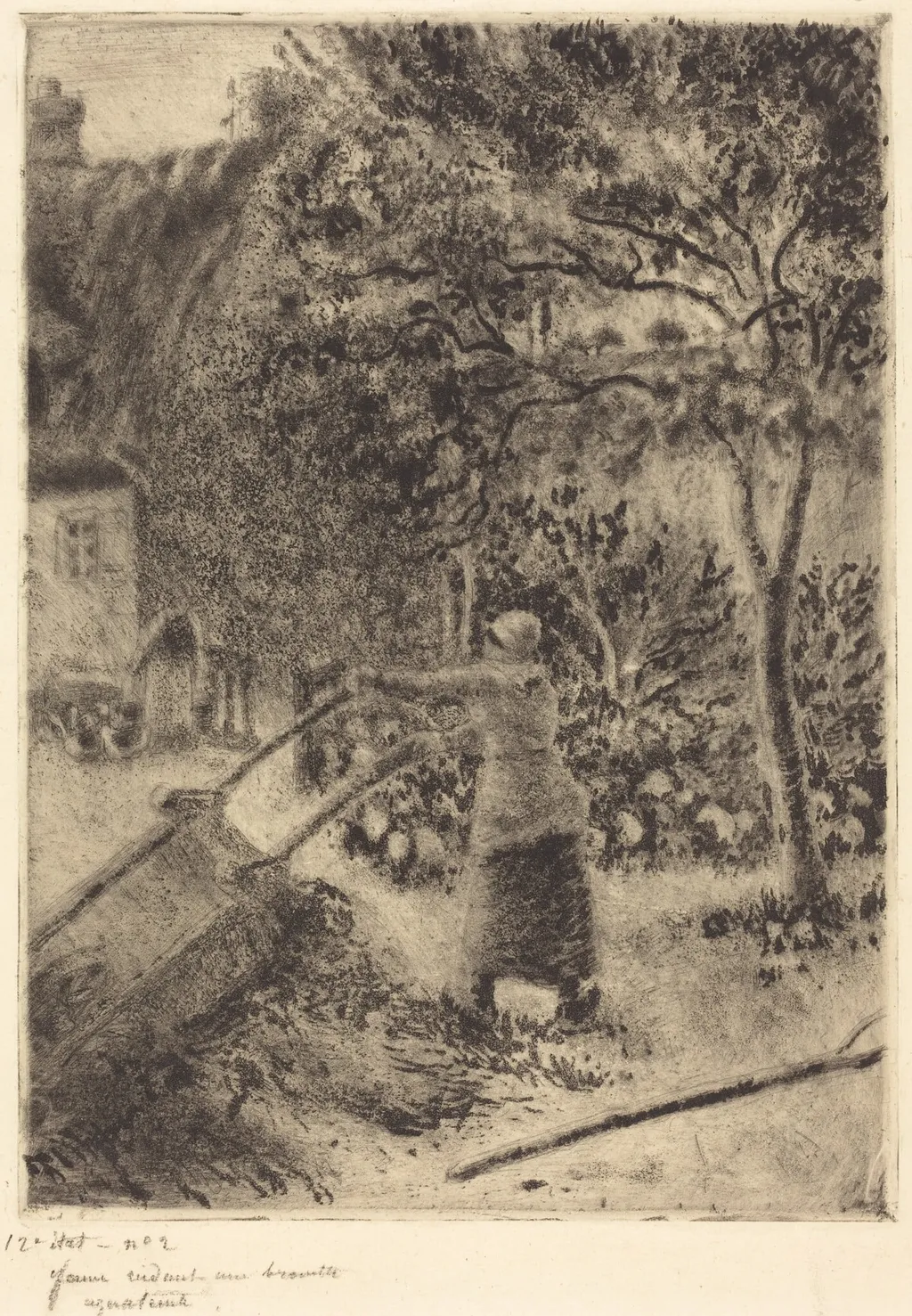 A Woman Emptying a Wheelbarrow (Femme vidant une brouette), by Camille Pissarro, ink, 1880