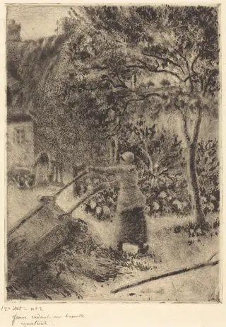 A Woman Emptying a Wheelbarrow (Femme vidant une brouette), by Camille Pissarro, ink, 1880