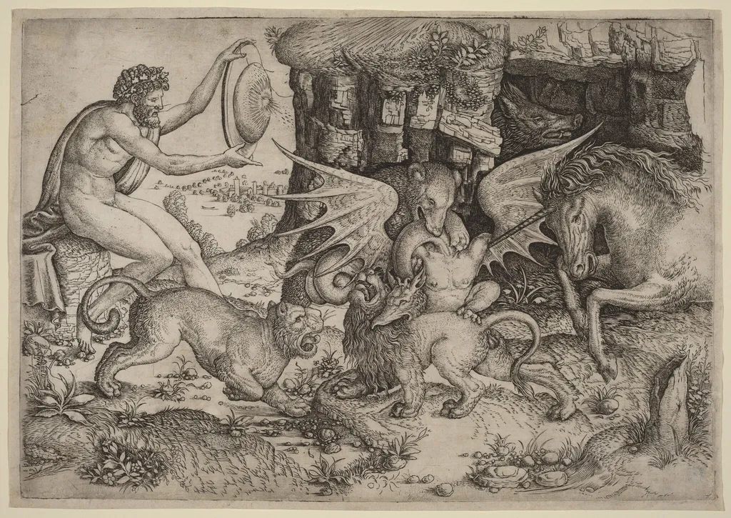 Allegorical Theme: Combat of Animals, by Master of the Beheading of St. John the Baptist, ink, 1518