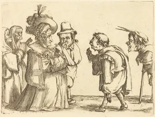 A Lady Greeted by a Dwarf, by Stefano Della Bella, ink, 1637