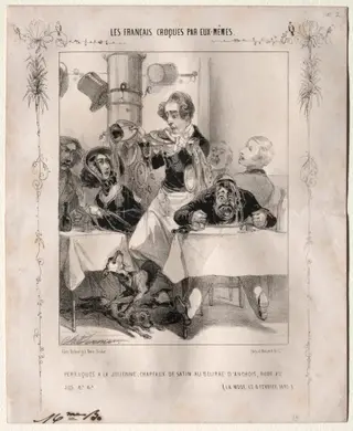 Les Français croquès par eux-mêmes:  Perruques a la Julienne, Chapeaux de satin au beurre d'anchois, robe au jus, by Charles Vernier, 1840