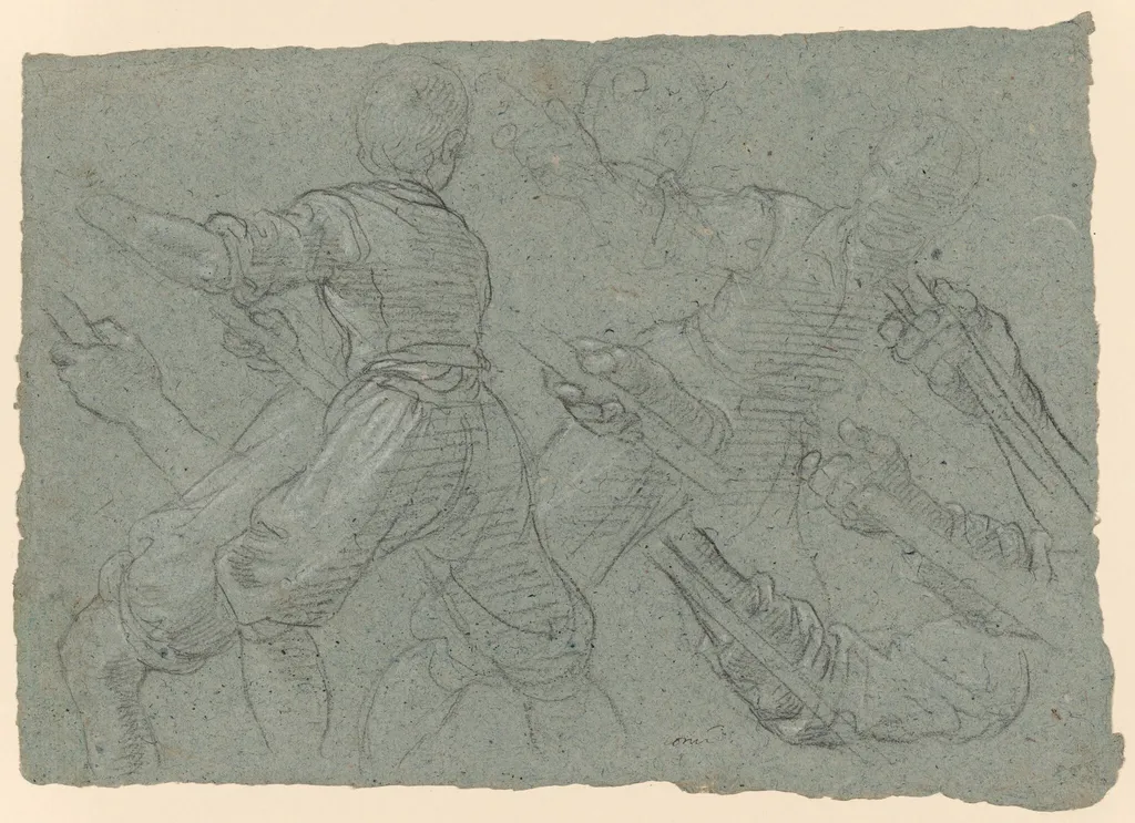 Studies of a Youth Pulling Ropes (recto); Faint Study of a Youth Pulling a Rope (verso), by Aurelio Lomi, chalk, 1614