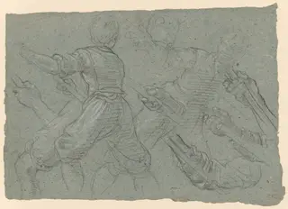 Studies of a Youth Pulling Ropes (recto); Faint Study of a Youth Pulling a Rope (verso), by Aurelio Lomi, chalk, 1614