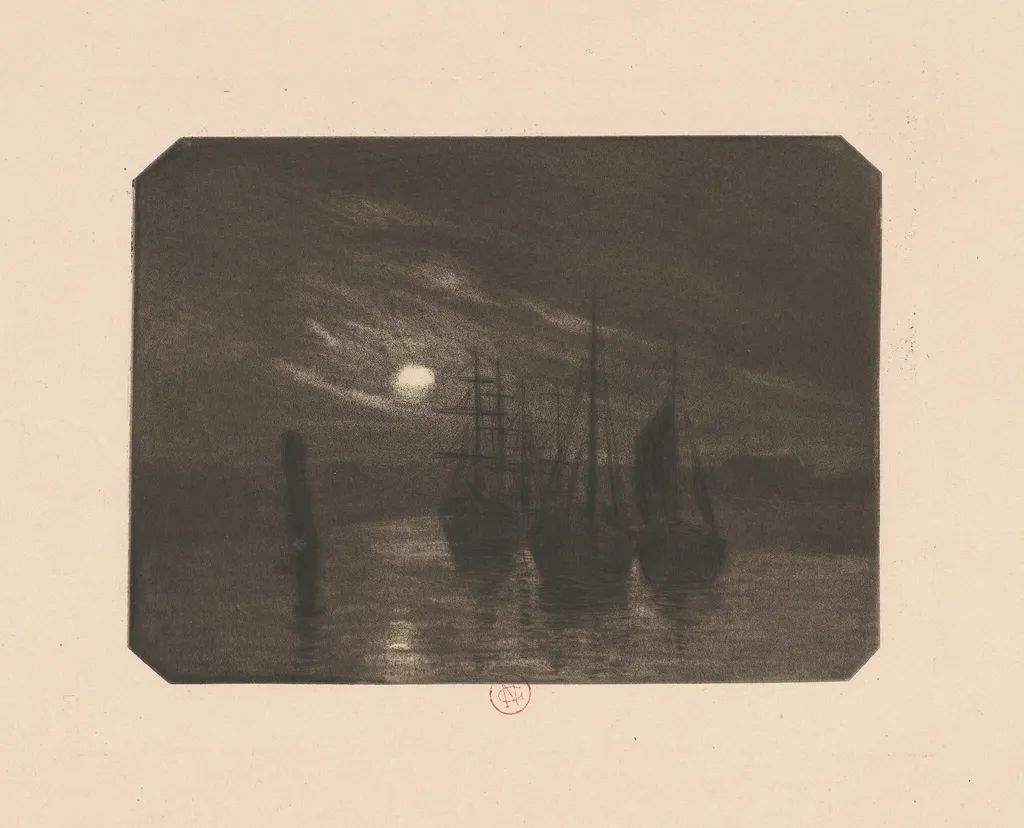 A Moonlit Harbor, by Norbert Goeneutte, ink, 1894