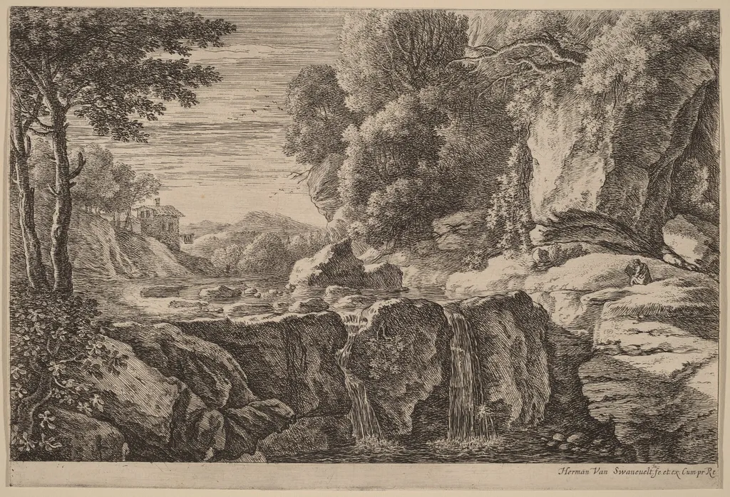 The Small Waterfall, by Herman van Swanevelt, ink, 1628