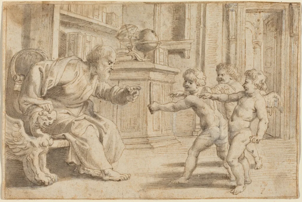 Putti Testing a Man's Perception of Depth, by Peter Paul Rubens, chalk, 1613