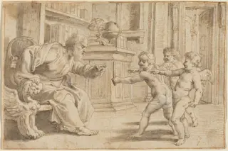 Putti Testing a Man's Perception of Depth, by Peter Paul Rubens, chalk, 1613
