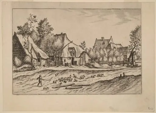 Farms in a Village, by Lucas van Doetechum, ink, 1561