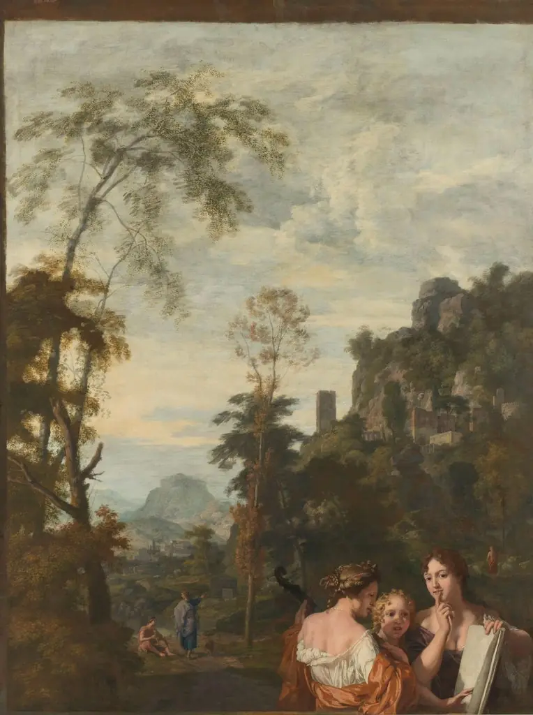 Italian landscape with three women making music, by Gerard de Lairesse, oil, 1694