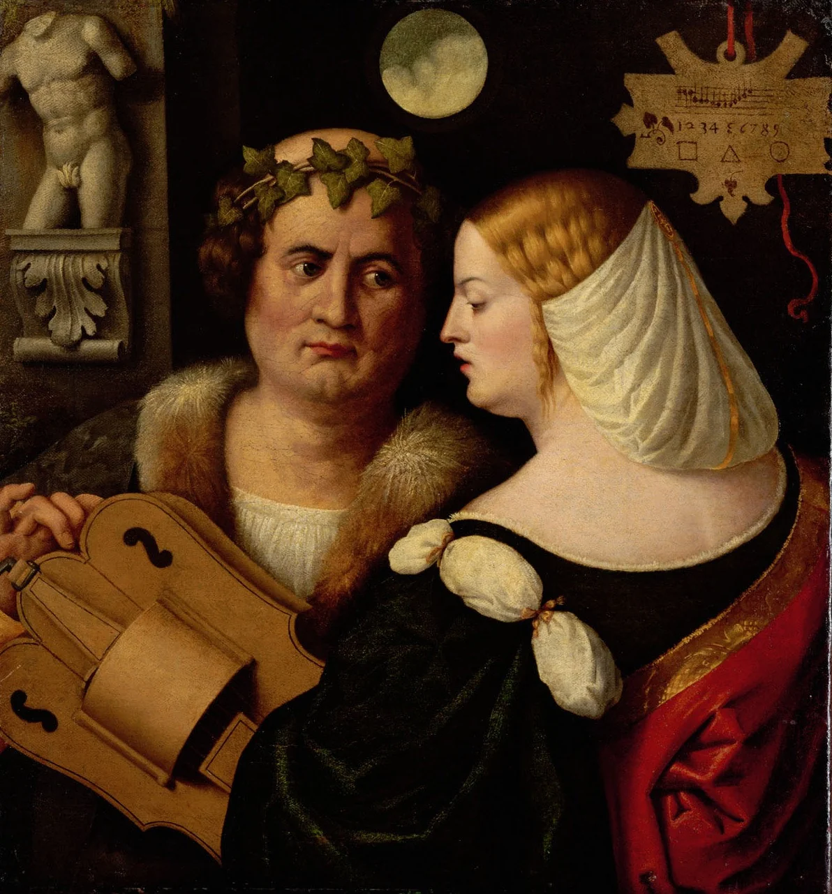 Poet Playing a Hurdy-Gurdy with a Young Woman by Giovanni Busi, called Cariani, c. 1520, detail