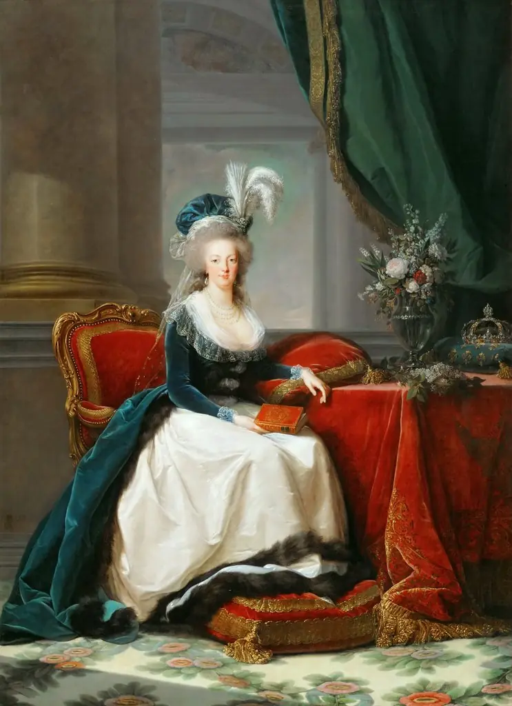 Marie-Antoinette seated, in blue coat and white dress, holding a book in her hand, by Élisabeth Louise Vigée Le Brun, oil, 1794