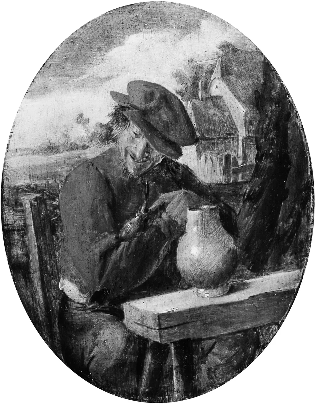 A Peasant with a Bird, by Adriaen Brouwer, oil, 1632