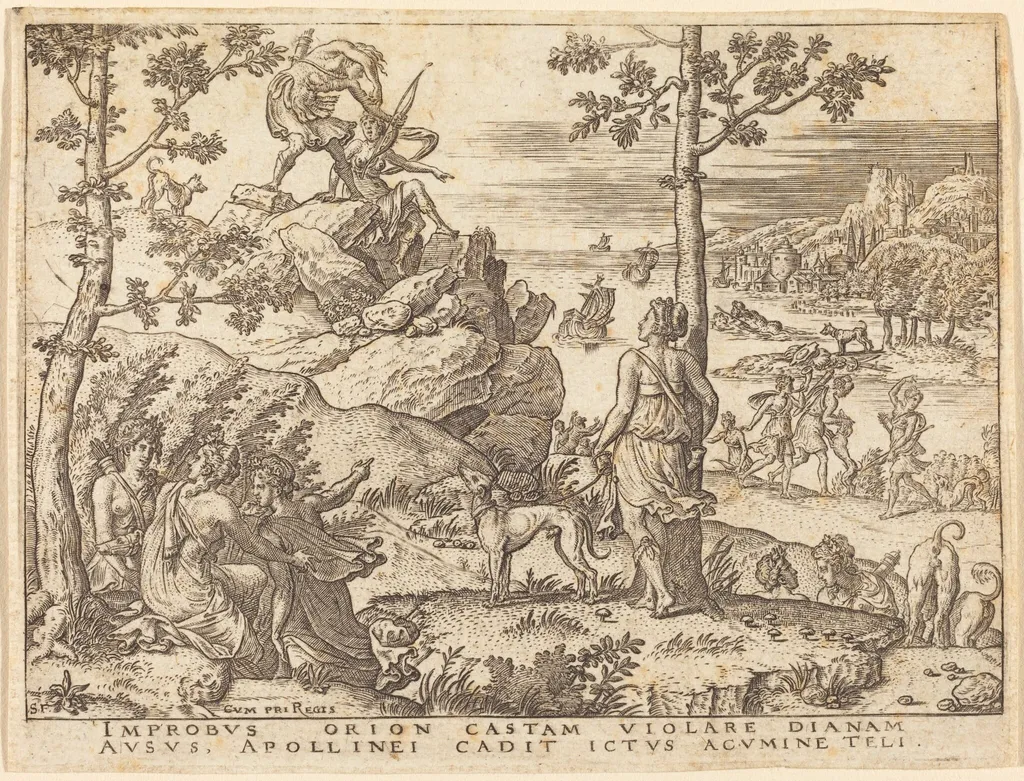 Orion Killed by Apollo, by Etienne Delaune, ink, 1551