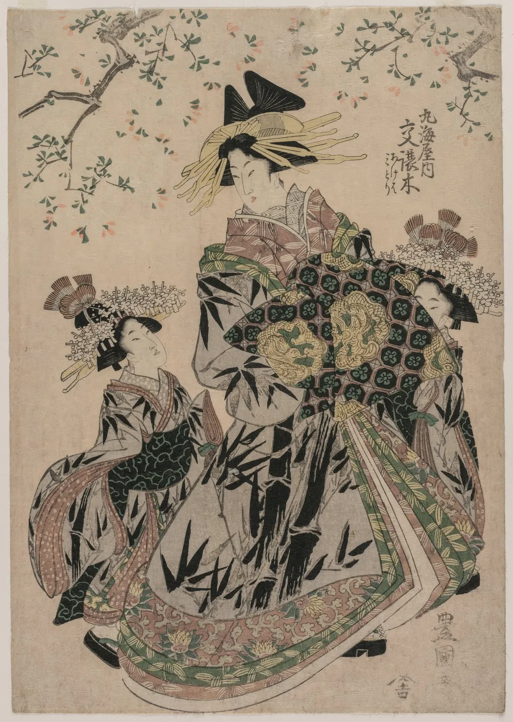 The Courtesan Katakoshigi (?) of Maruebiya with her Kamuro Ageha and Midori, by Utagawa Toyokuni I, 1805