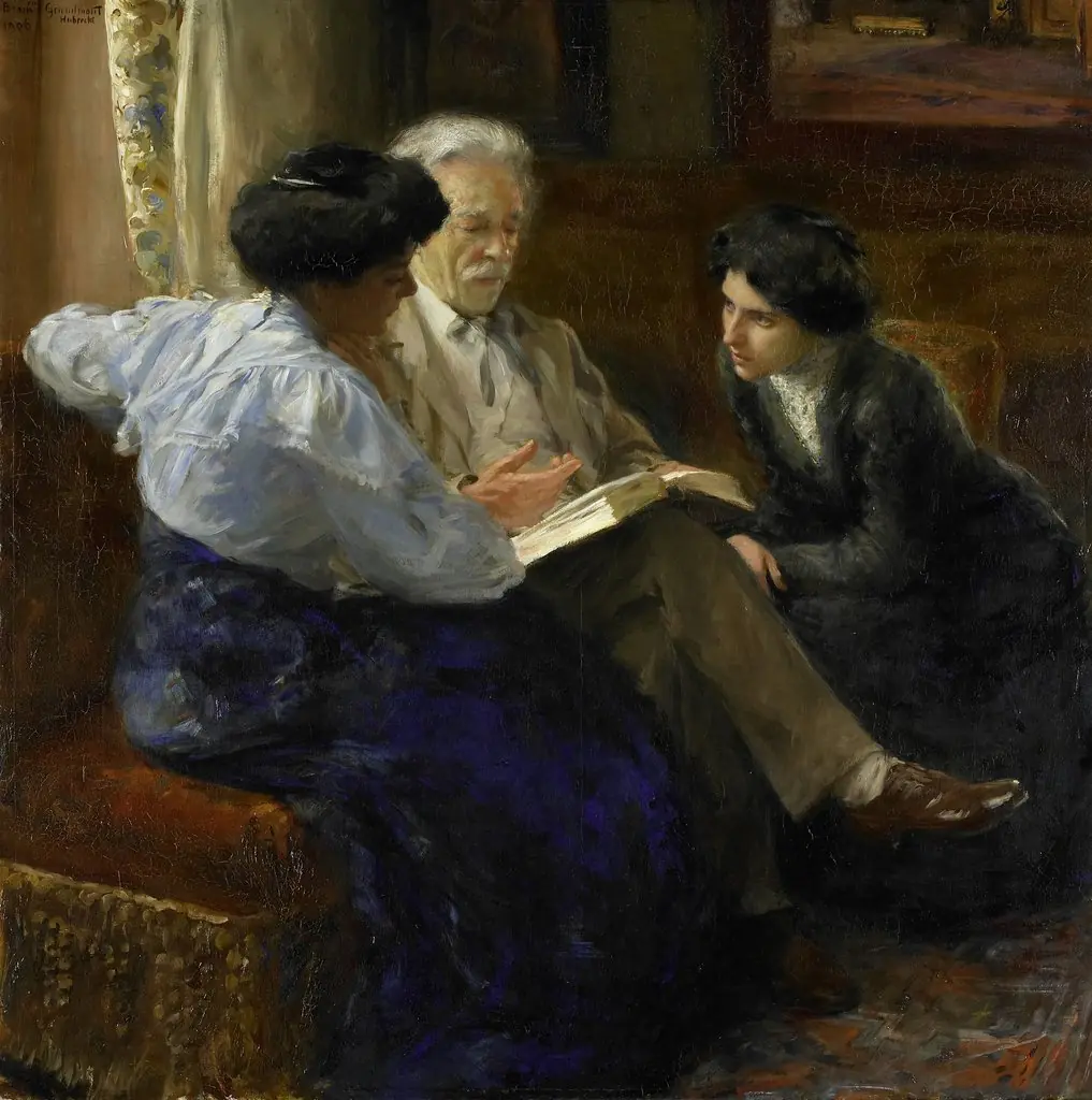 Alphons Marie Antoine Joseph Grandmont (1837-1909), the Artist's second husband, Tutoring two Italian Girls, by Bramine Hubrecht, oil, 1900