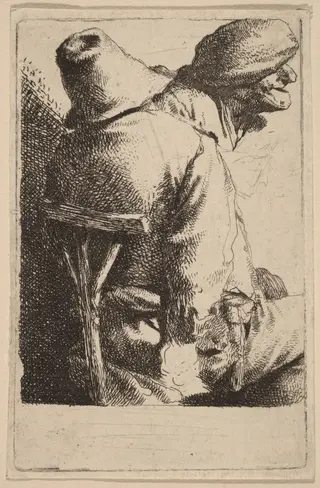 The Seated Peasant and His Wife, by Cornelis Bega, ink, 1648