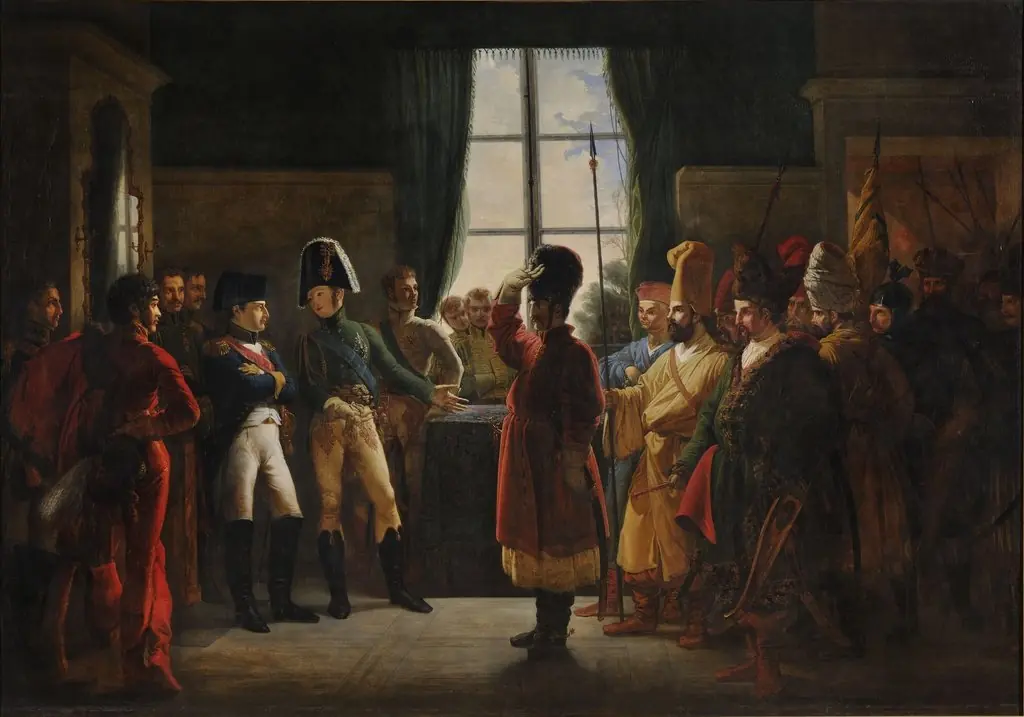 Alexander I presents to Napoleon I the Kalmyks, Cossacks and Baskirs of the Russian army, July 9, 1807, by Pierre-Nolasque Bergeret, oil, 1832