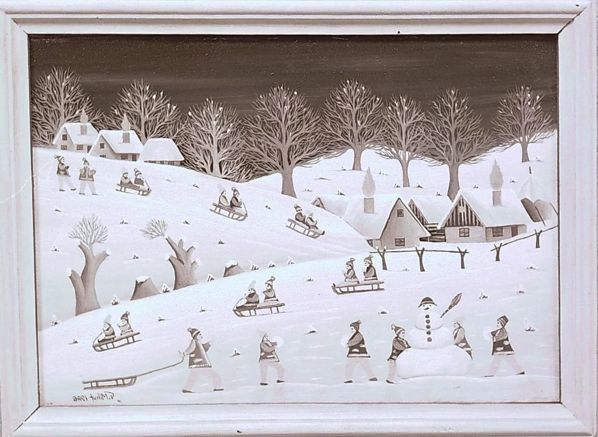 Sequences from the Village Museum, naive painting by Petru Mihuțe - Children at sling (1988), detail