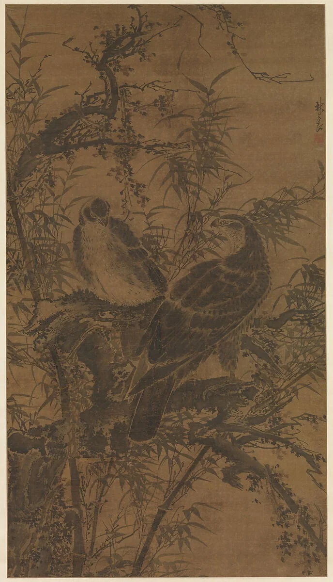 明 林良 二鷹圖 軸|Two hawks in a thicket, detail