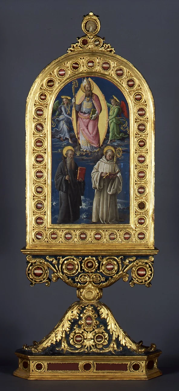 The church father Augustine in glory with two angels and the saints Benedict and Bernhard (reliquary), detail